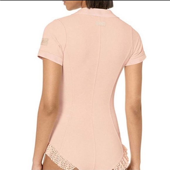 Puma Fenty By Rihanna Pink Lace Polo Collar Bodysuit Shirt Size Medium - Picture 3 of 12